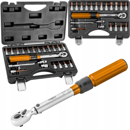 NEO KLUCZ DYNAMOMETRYCZNY DWUKIERUNKOWY 1/4'' 5-25Nm ZESTAW 21 SZTUK 08-821